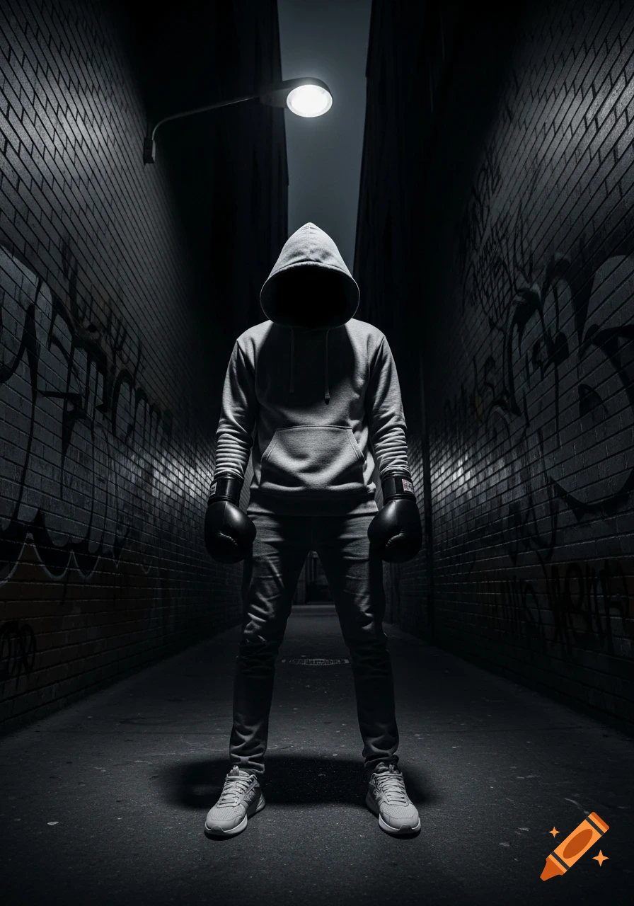 A hooded figure with a blacked-out face and boxing gloves stands in a dark, graffiti-covered alley under a single street lamp.