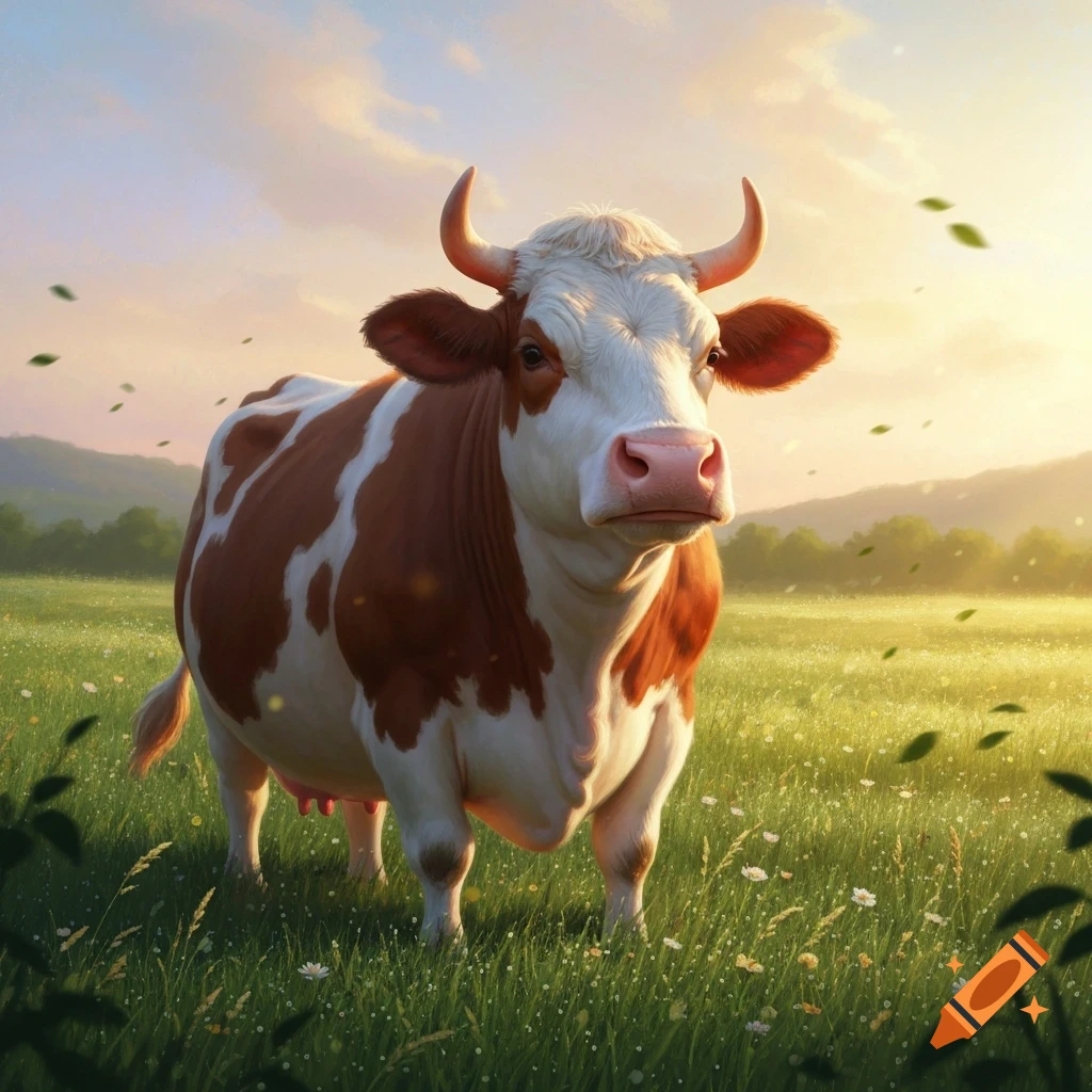 A brown and white cow stands in a sunlit green meadow with small white flowers, looking directly forward. Rolling hills are in the background under a cloudy sky.