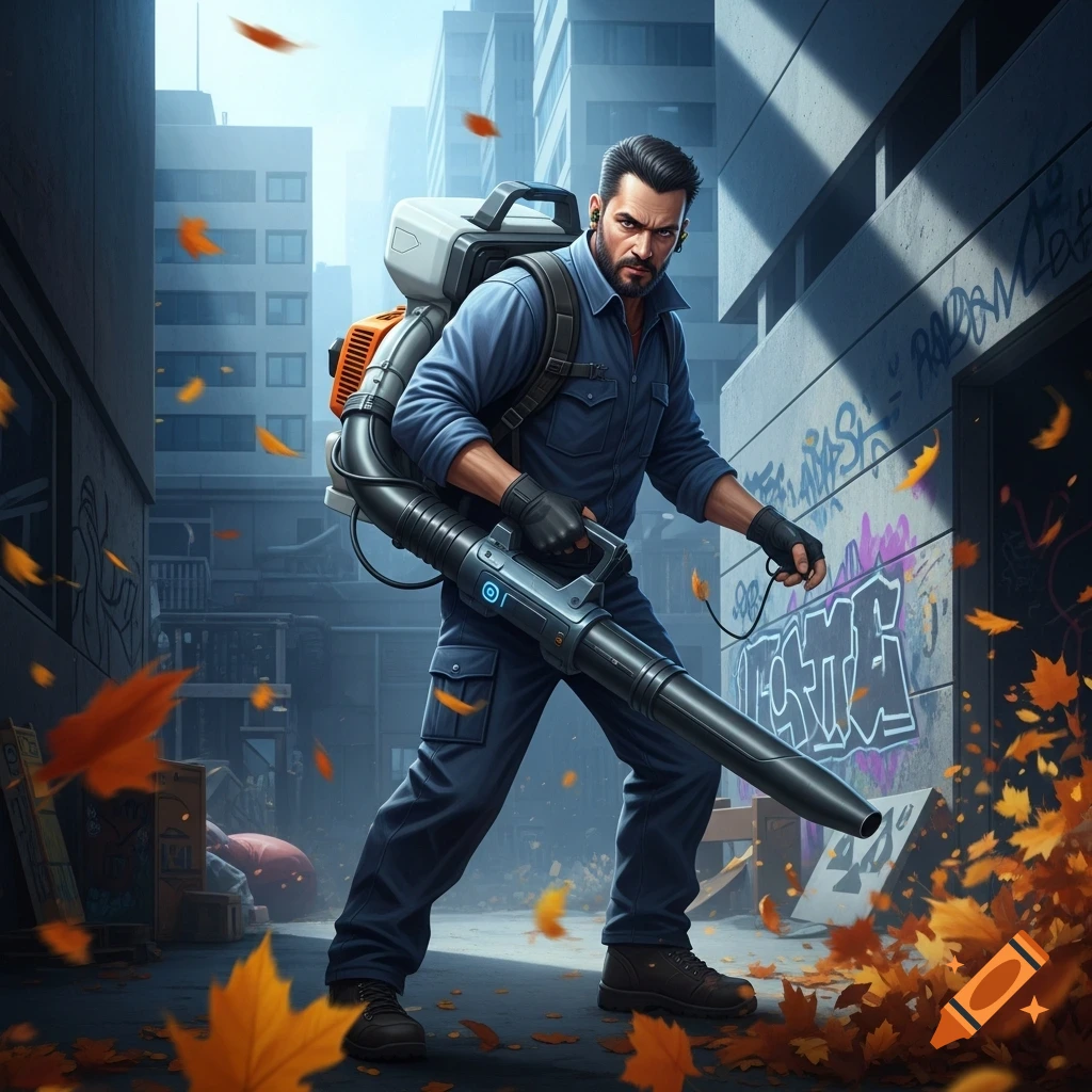 A stern man in a blue uniform with a backpack leaf blower clears autumn leaves in a gritty urban alleyway.