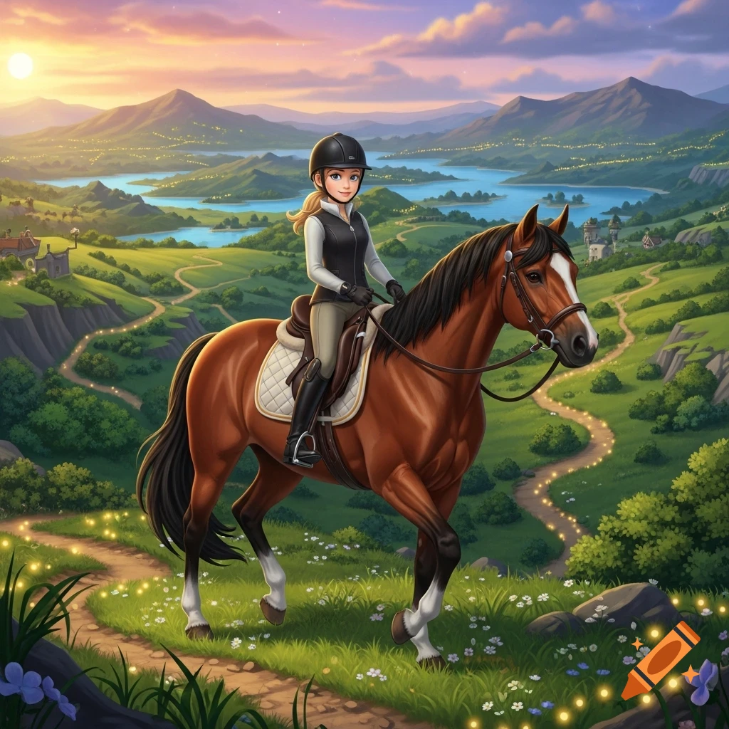 Blonde girl in riding gear on a brown horse, on a winding path through a lush fantasy landscape with lakes, mountains, and glowing lights at sunset.