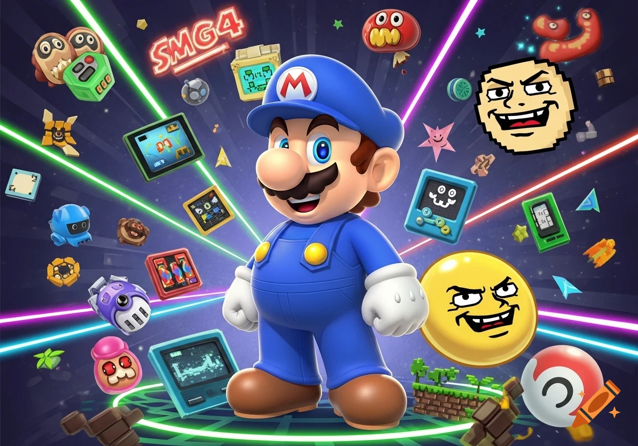 A blue-suited Mario-like character stands centrally, surrounded by colorful video game items, meme faces, and neon lights in a vibrant cartoon style.
