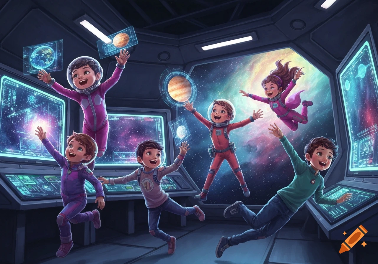 Happy children in different colored space suits float in zero gravity inside a futuristic spaceship, surrounded by glowing screens and views of outer space.