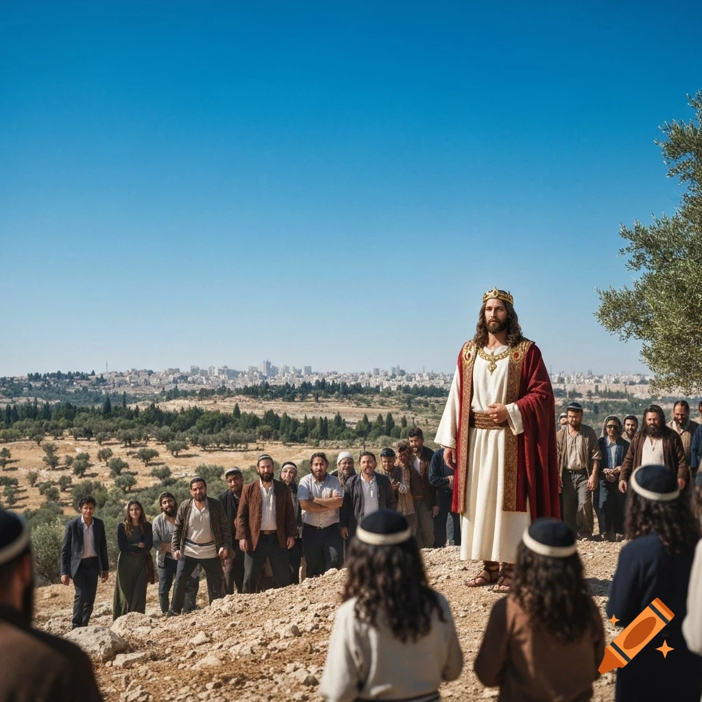 A photorealistic depiction of a robed figure, resembling Jesus with a crown, standing on a hill before a crowd, overlooking a city.