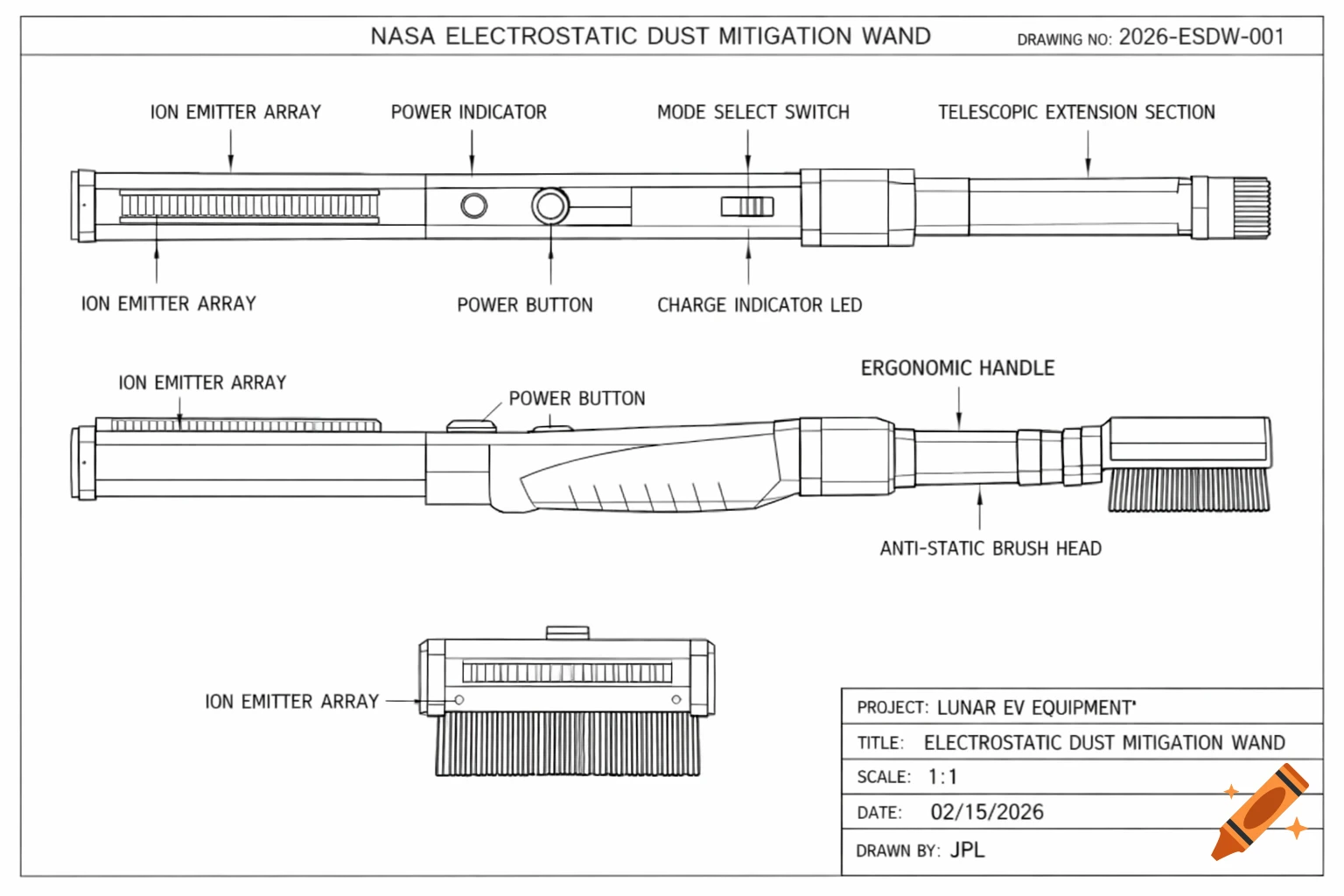 Black and white technical blueprint of a NASA electrostatic dust mitigation wand, showing labeled parts like ion emitter array and brush head.