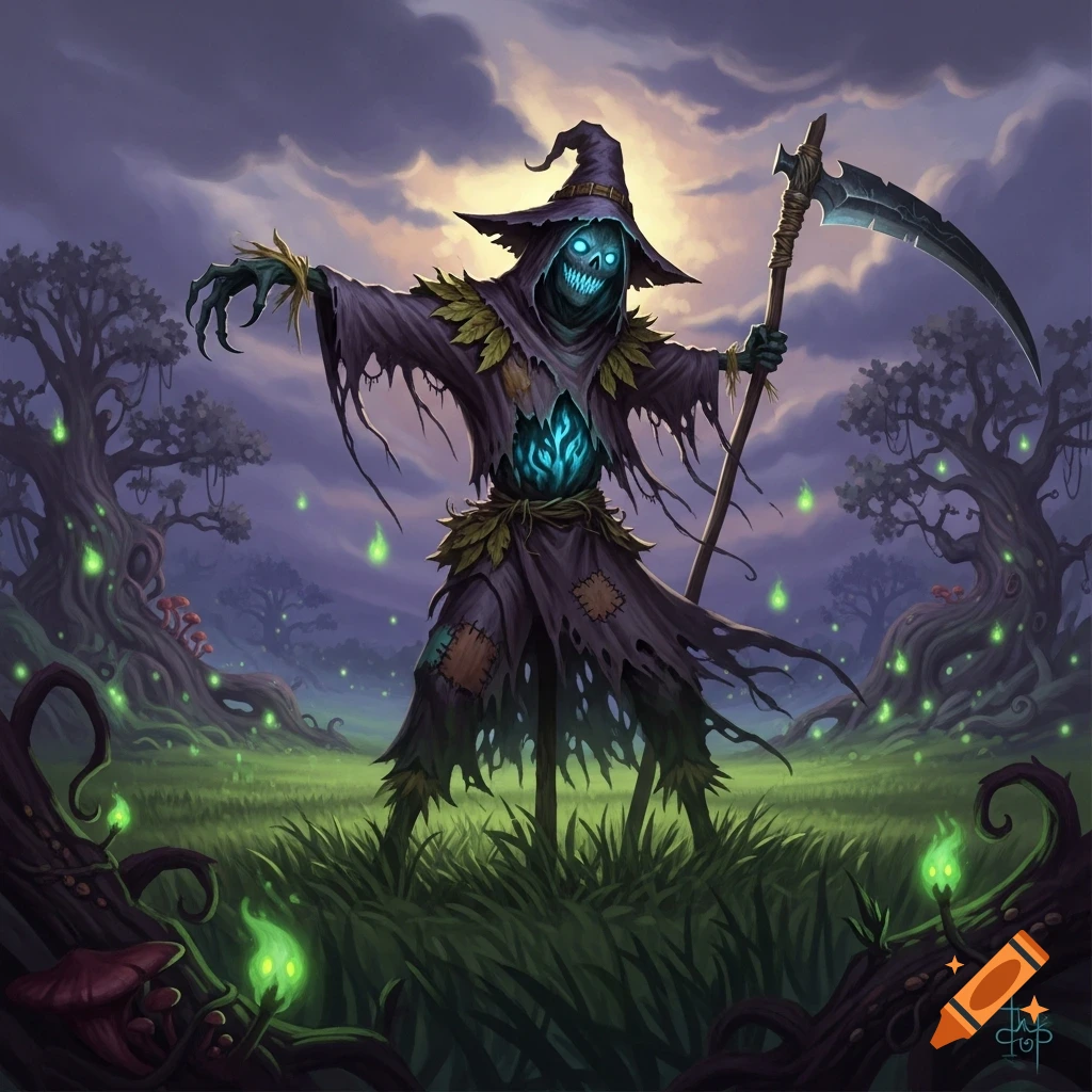 A spectral scarecrow with glowing blue eyes and a scythe stands in a dark, magical forest with luminescent plants. Digital art.