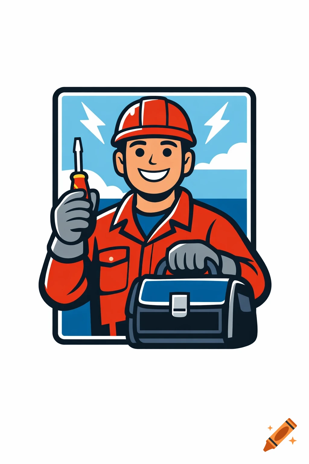 A cartoon logo of a smiling male electrician in a red hard hat and work clothes, holding a screwdriver and a toolbox, against a blue and white sky background with lightning bolts.