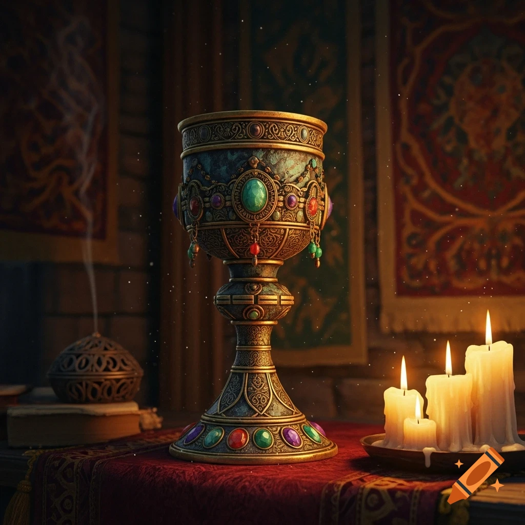 An ornate golden chalice with colorful gems, an incense burner, and lit candles on a red tablecloth in a dimly lit, richly decorated room.