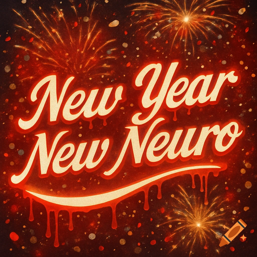 Stylized red and gold New Year's image with fireworks, featuring the text 'New Year New Neuro' with a dripping effect.