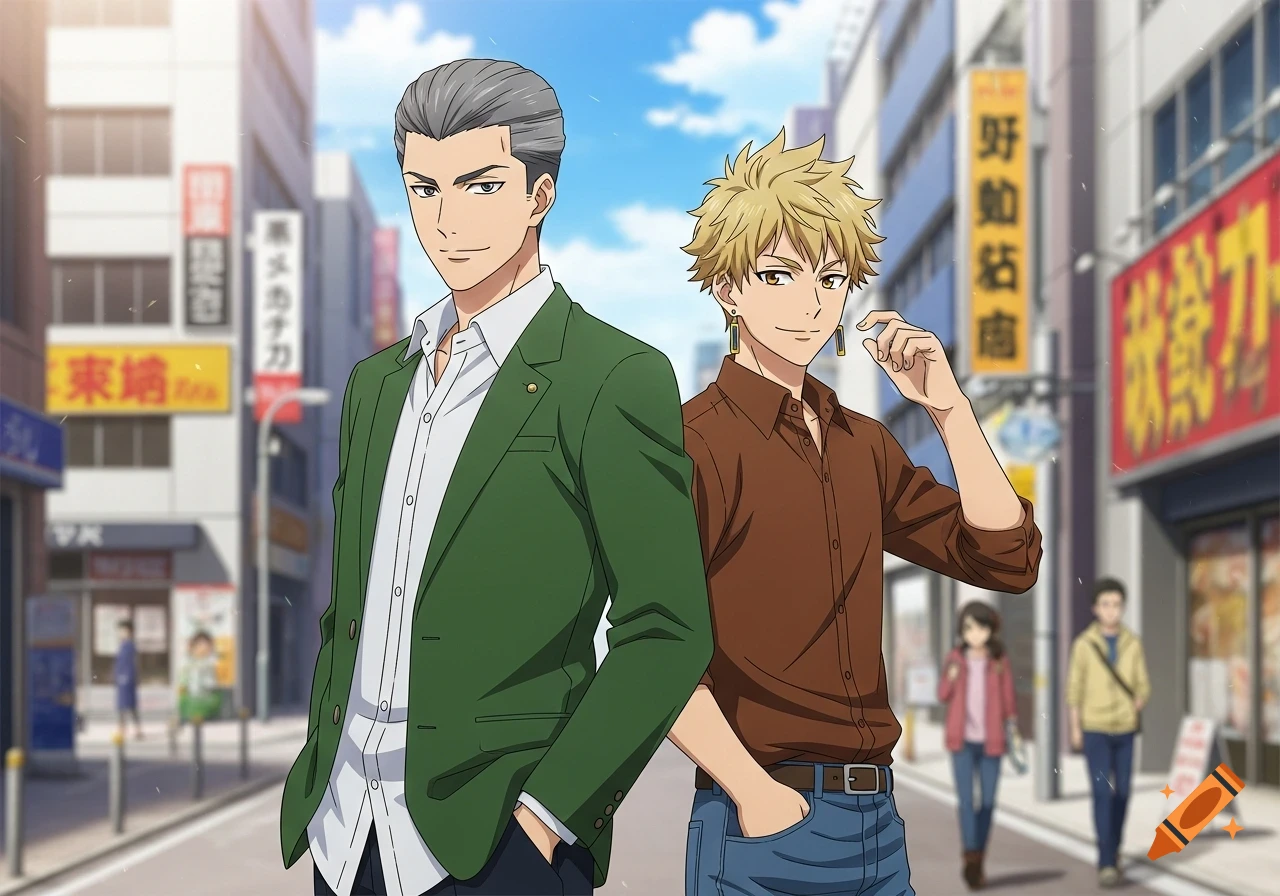 Two anime male characters stand in a sunny city street. One has gray hair and wears a green blazer, the other has spiky blonde hair, a brown shirt, and earrings.