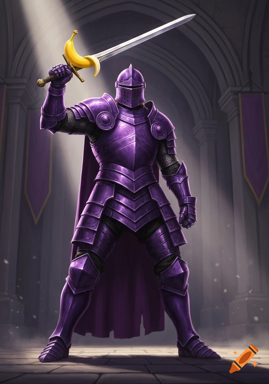 A knight in shimmering purple armor wields a sword with a banana crossguard in a dramatic castle setting.