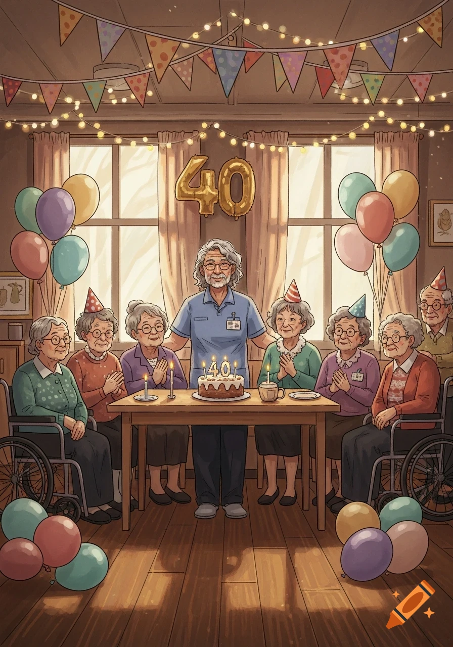 Cartoon illustration of a caregiver celebrating a 40th anniversary with elderly residents, featuring a cake and '40' balloons in an elderly home.