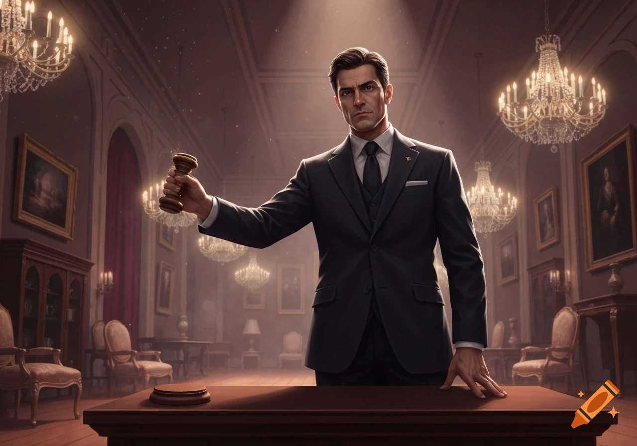A serious man in a dark suit stands behind a wooden podium, holding a gavel in an elegant room with chandeliers.