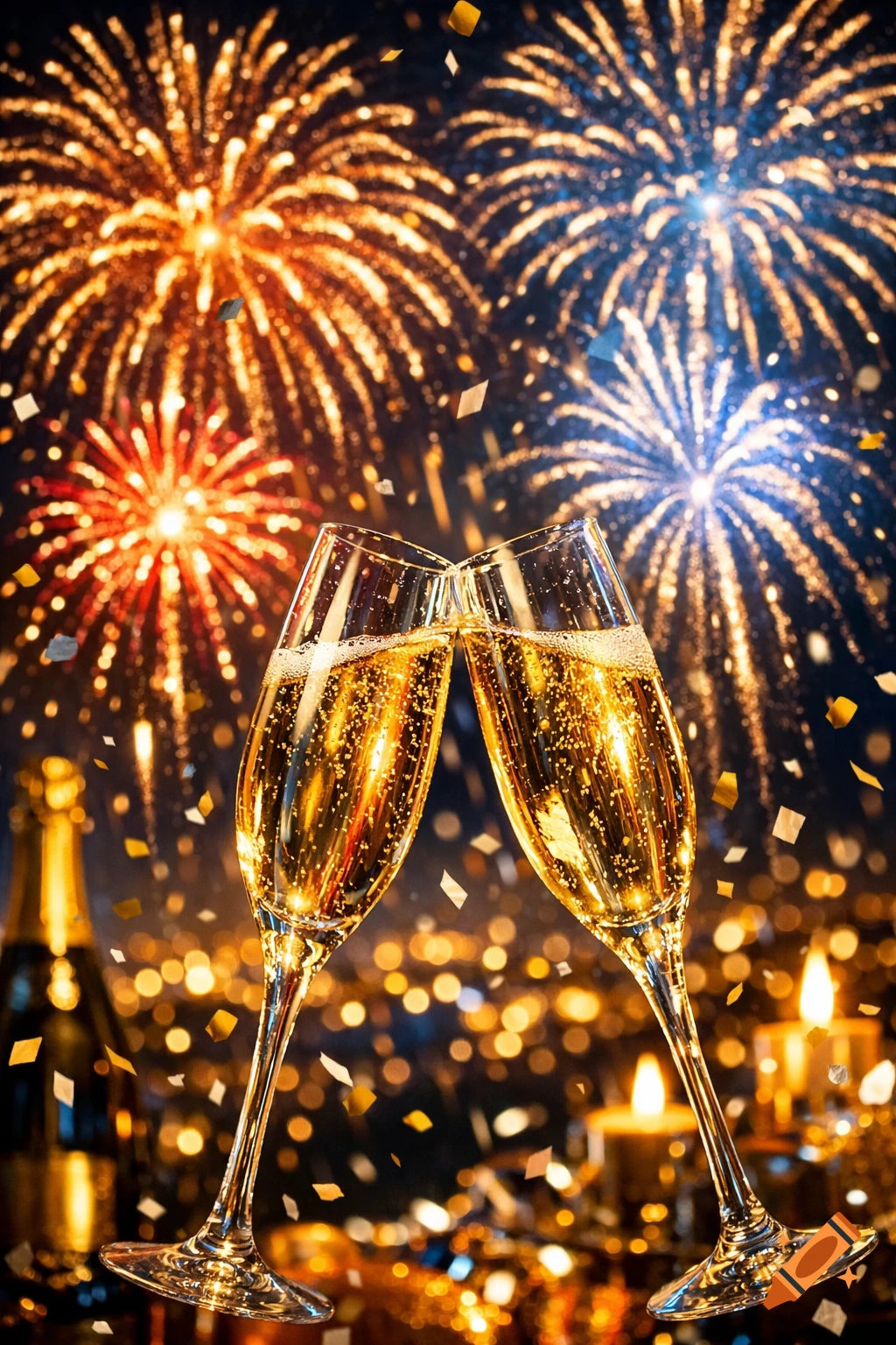Two champagne flutes clinking against a vibrant background of colorful fireworks and golden confetti.