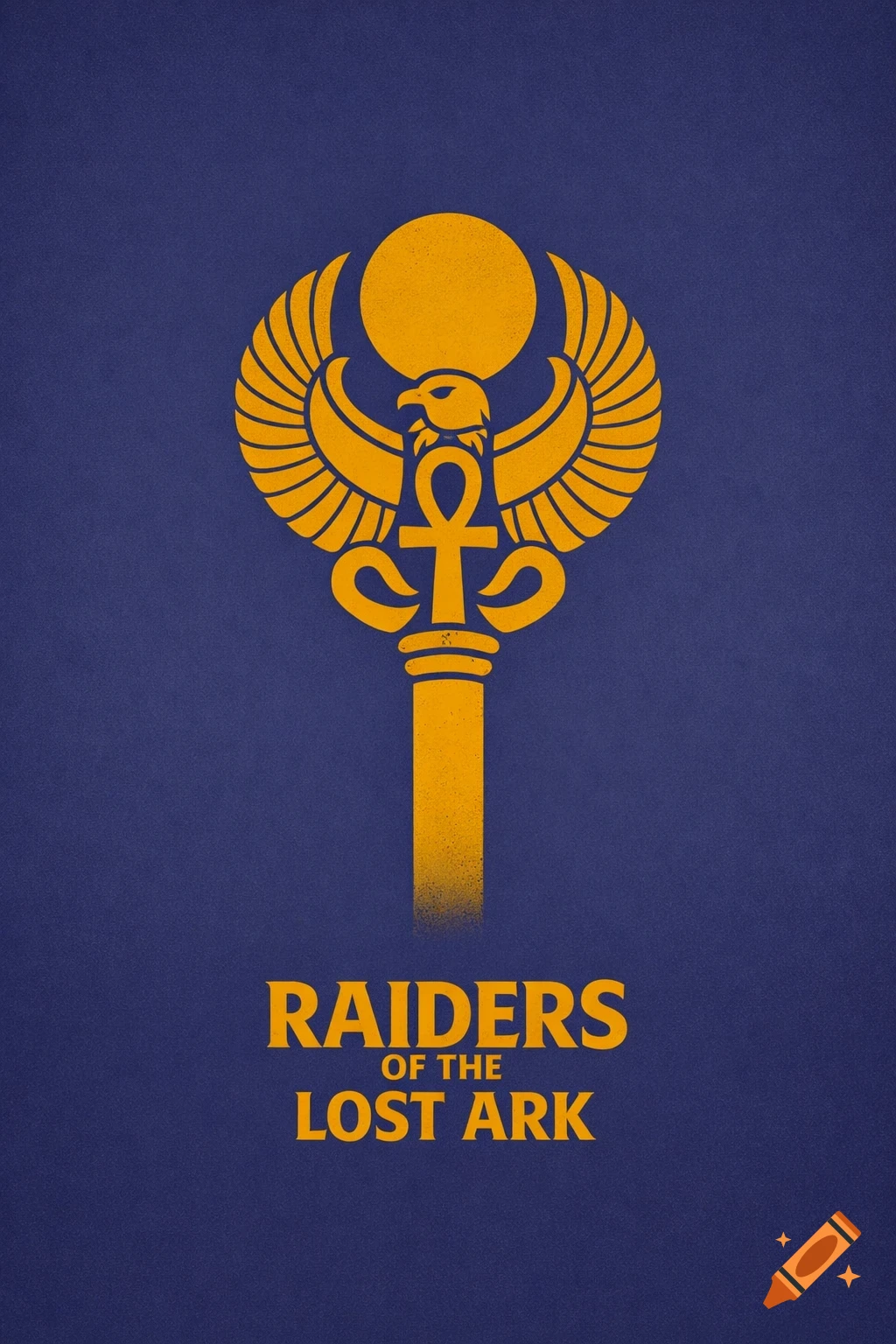 A minimalist movie poster for Raiders of the Lost Ark, featuring a golden Egyptian Staff of Ra symbol against a dark blue background, with the film title below.