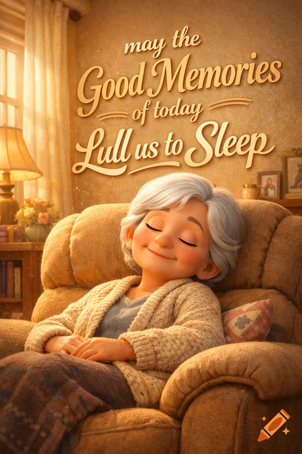 A white-haired elderly woman naps happily in a cozy armchair in a warm Pixar-style room with a comforting inscription on the wall.