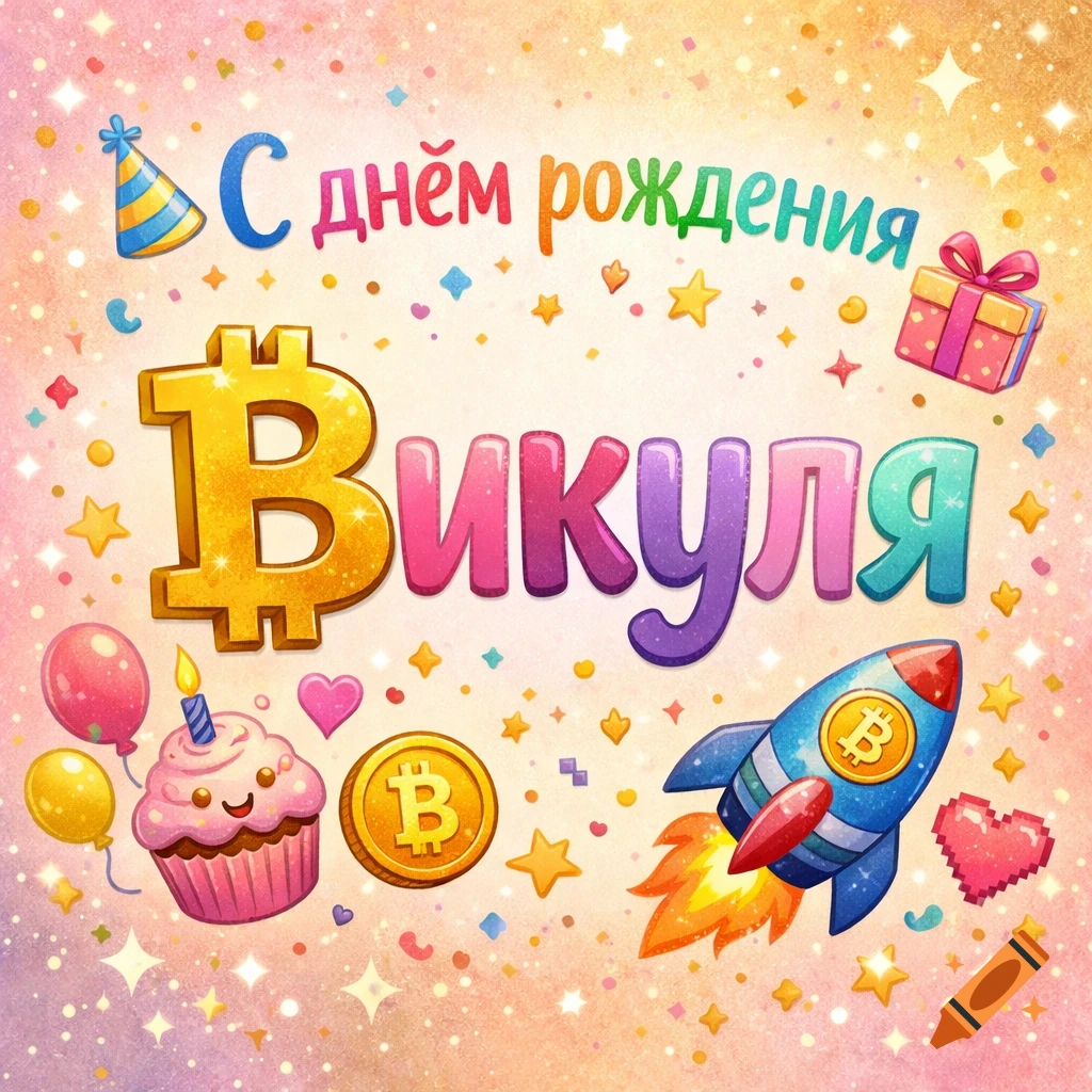 Colorful birthday card with 'Happy Birthday Vikulya' in Russian, featuring a Bitcoin symbol, cupcake, balloons, rocket, and gift on a sparkly background.