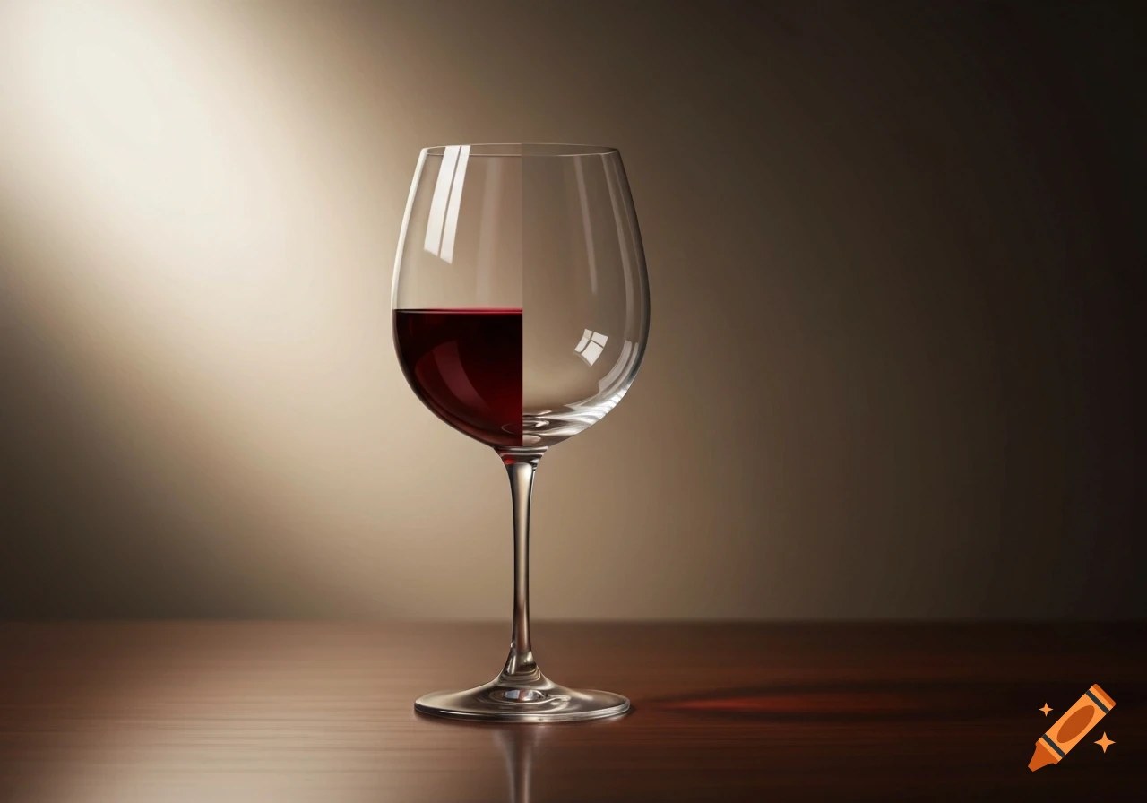 A wine glass on a wooden table, half filled with red wine on the left and empty on the right, under a spotlight.