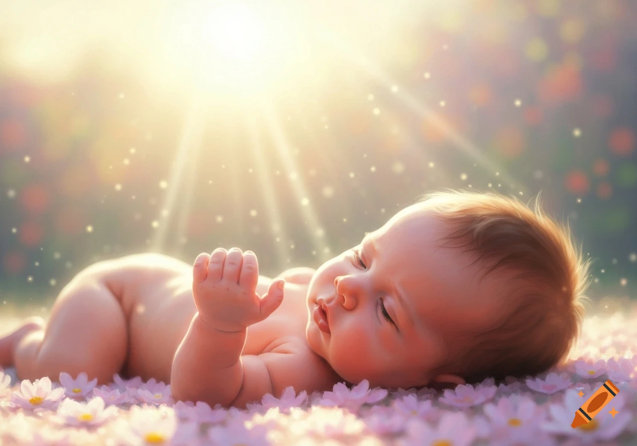 A serene baby sleeps peacefully on a bed of pink and white flowers bathed in golden sunbeams.