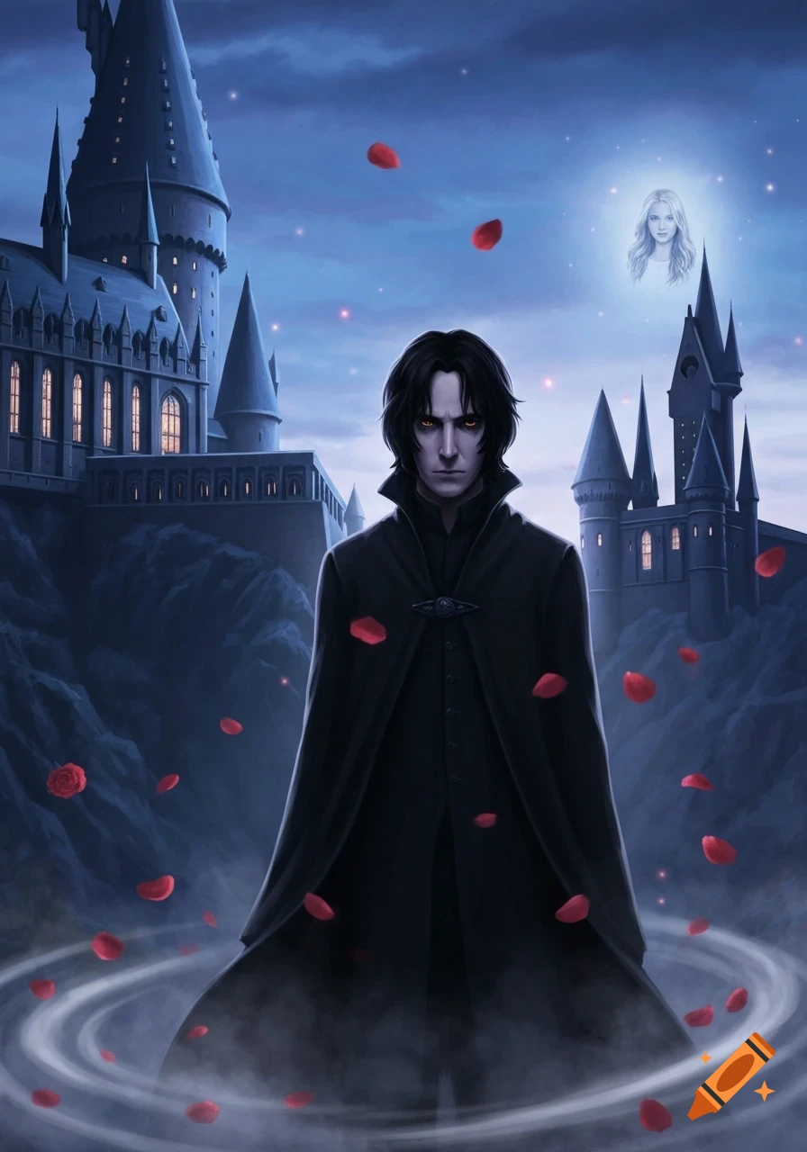 Digital illustration of Severus Snape standing with rose petals, a ghostly Lily Evans, and Hogwarts castle at night.