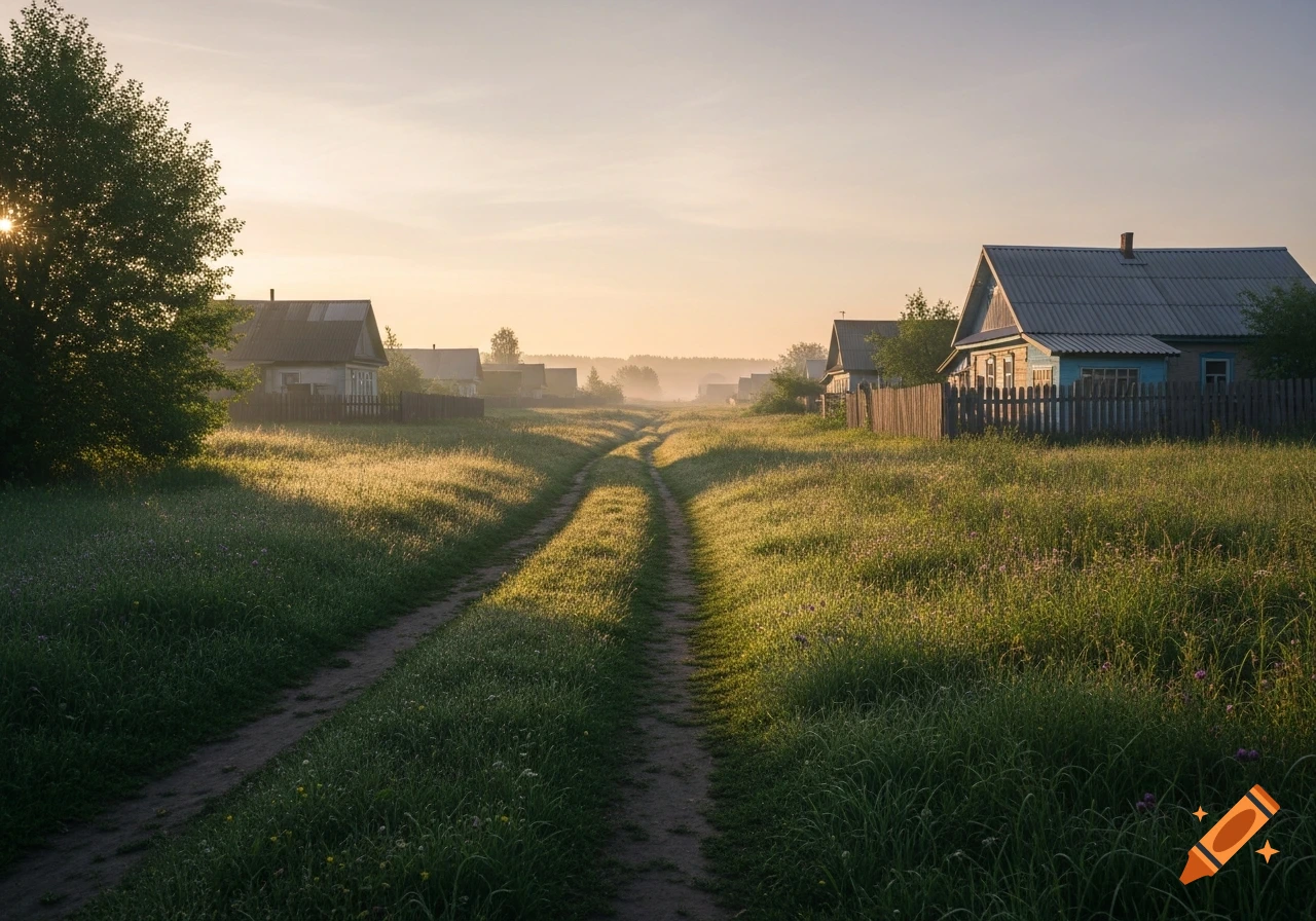 A dirt path through grassy fields leads to a rural village with simple houses under a soft, hazy morning sky at dawn.