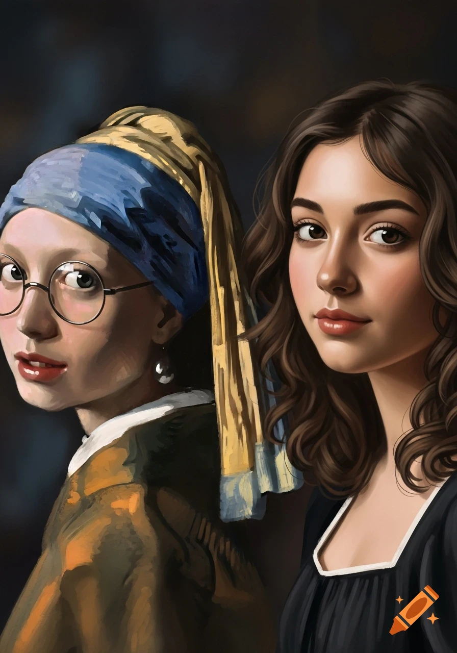 Digital painting of two young women, one in Vermeer's 'Girl with a Pearl Earring' style with glasses, the other a modern woman with curly hair.