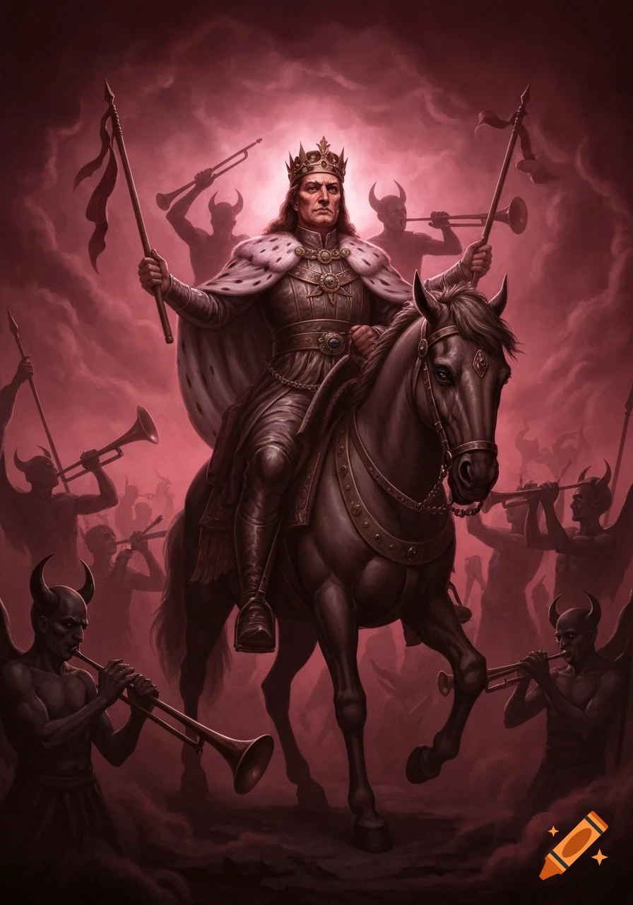 A formidable King Paimon rides a horse, holding a staff, surrounded by winged demons playing trumpets under a crimson sky.