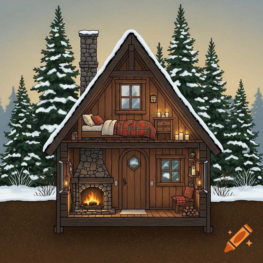 Cross-section of a cozy winter cabin in a snowy spruce forest with a lit fireplace, a bed with a plaid blanket, and candles.