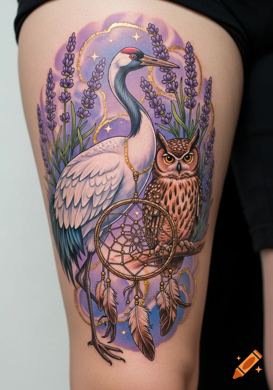A vibrant tattoo on a leg featuring a crane, an owl on a branch, lavender, and a dreamcatcher against a starry purple sky.