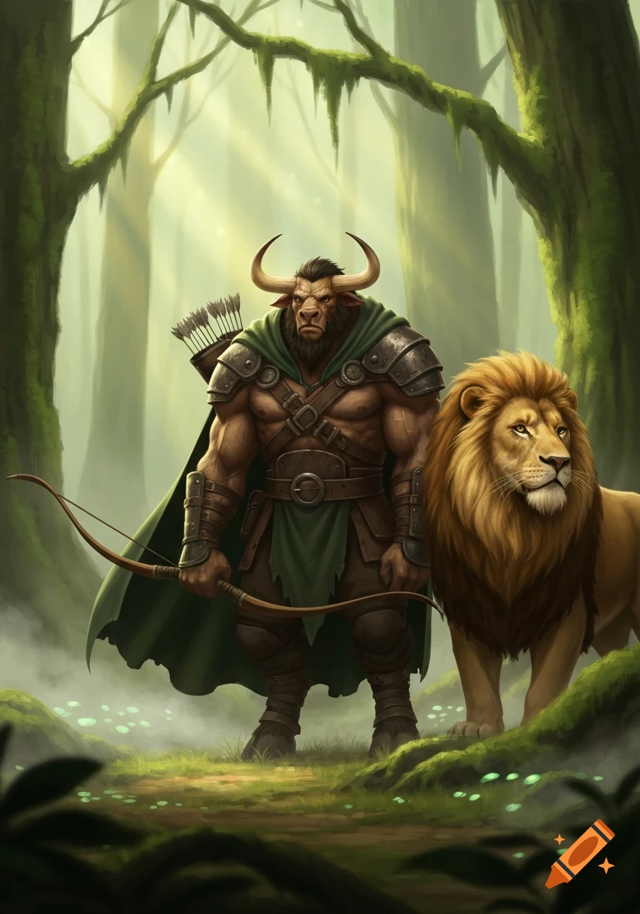 A muscular minotaur ranger with a bow stands next to a majestic lion in a mystical forest, digital fantasy art.