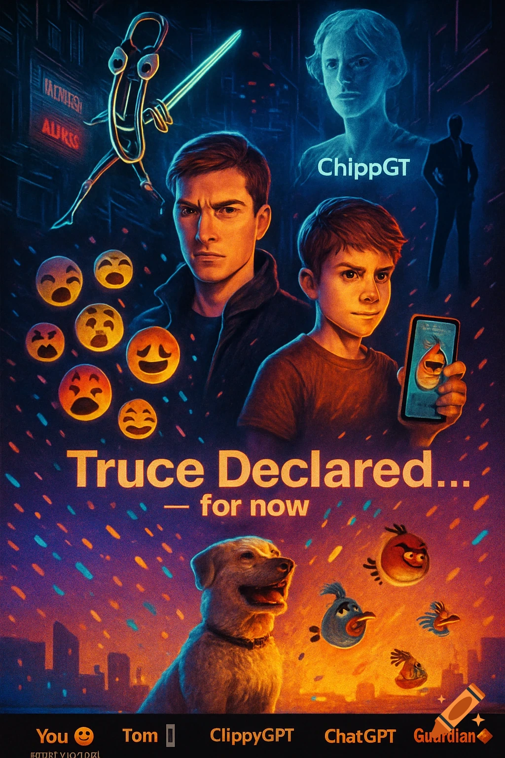 A colorful digital art poster with two men, a boy holding a phone with Angry Birds, a dog, and various emojis and characters like ClippyGPT, under the title "Truce Declared... for now".