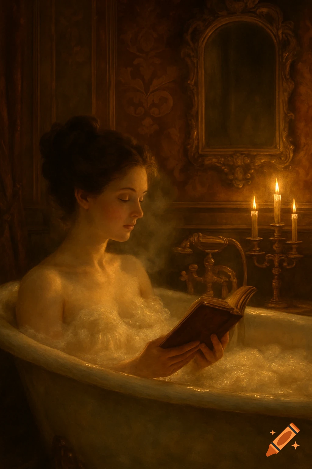 Victorian painting of a woman in a bubble bath, reading a book by candlelight.