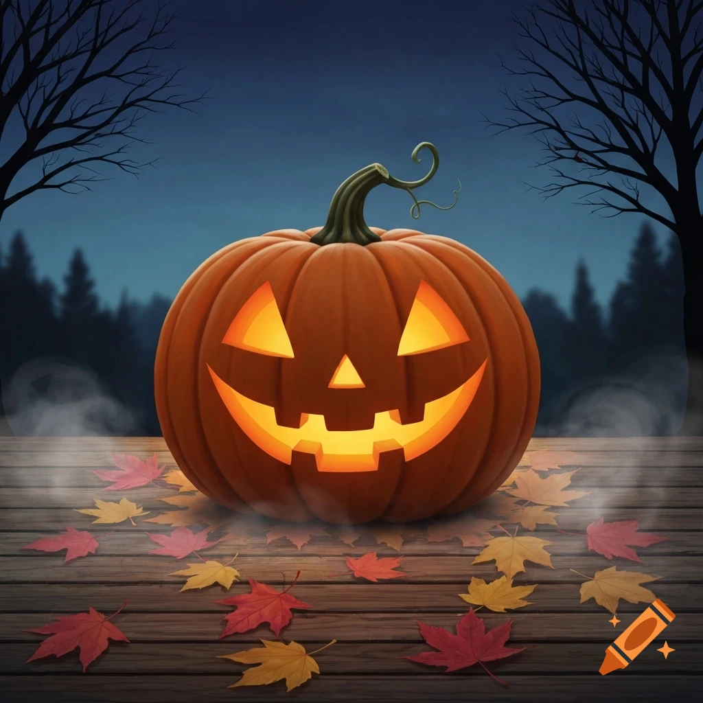 A glowing jack-o'-lantern sits on a wooden deck surrounded by colorful autumn leaves, against a dark night sky with silhouetted trees and mist.