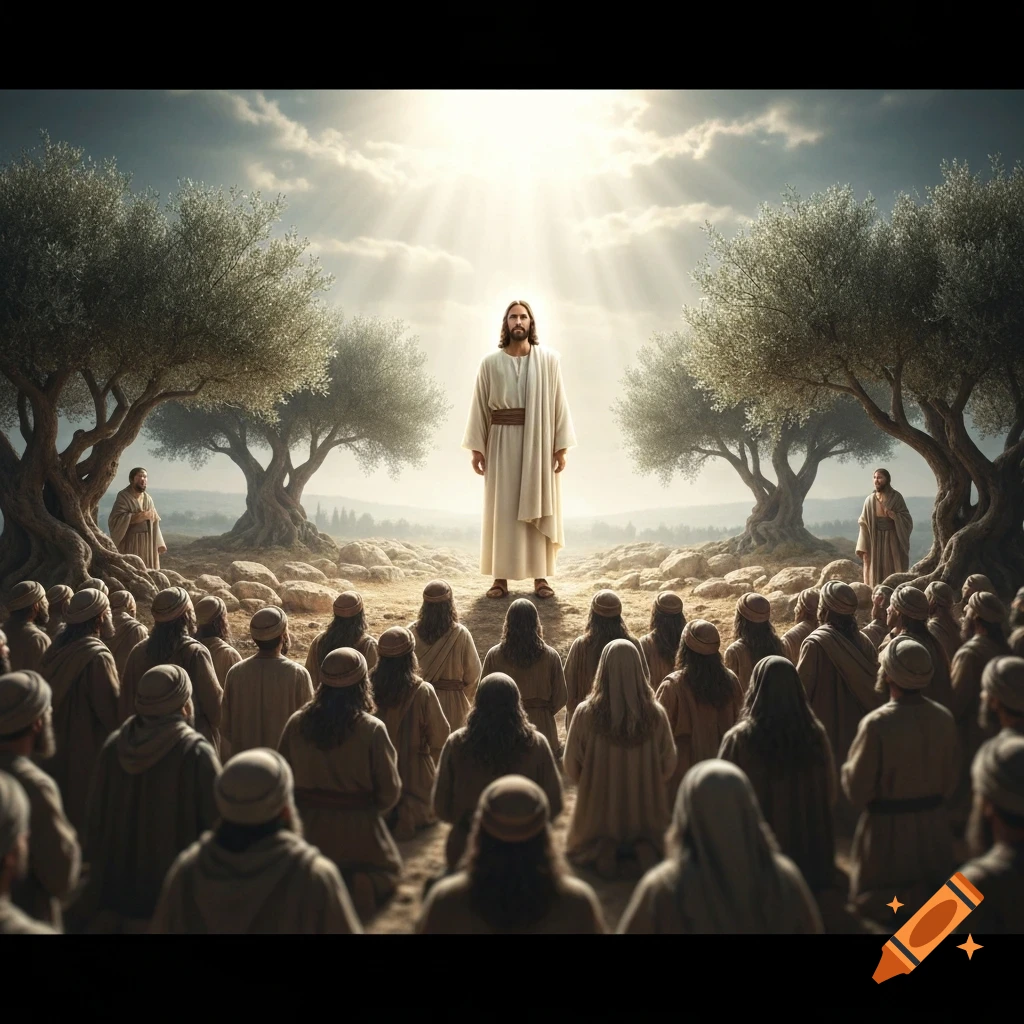 Photorealistic image of Jesus standing under a bright sky, surrounded by a crowd of people in a rocky, tree-filled landscape.