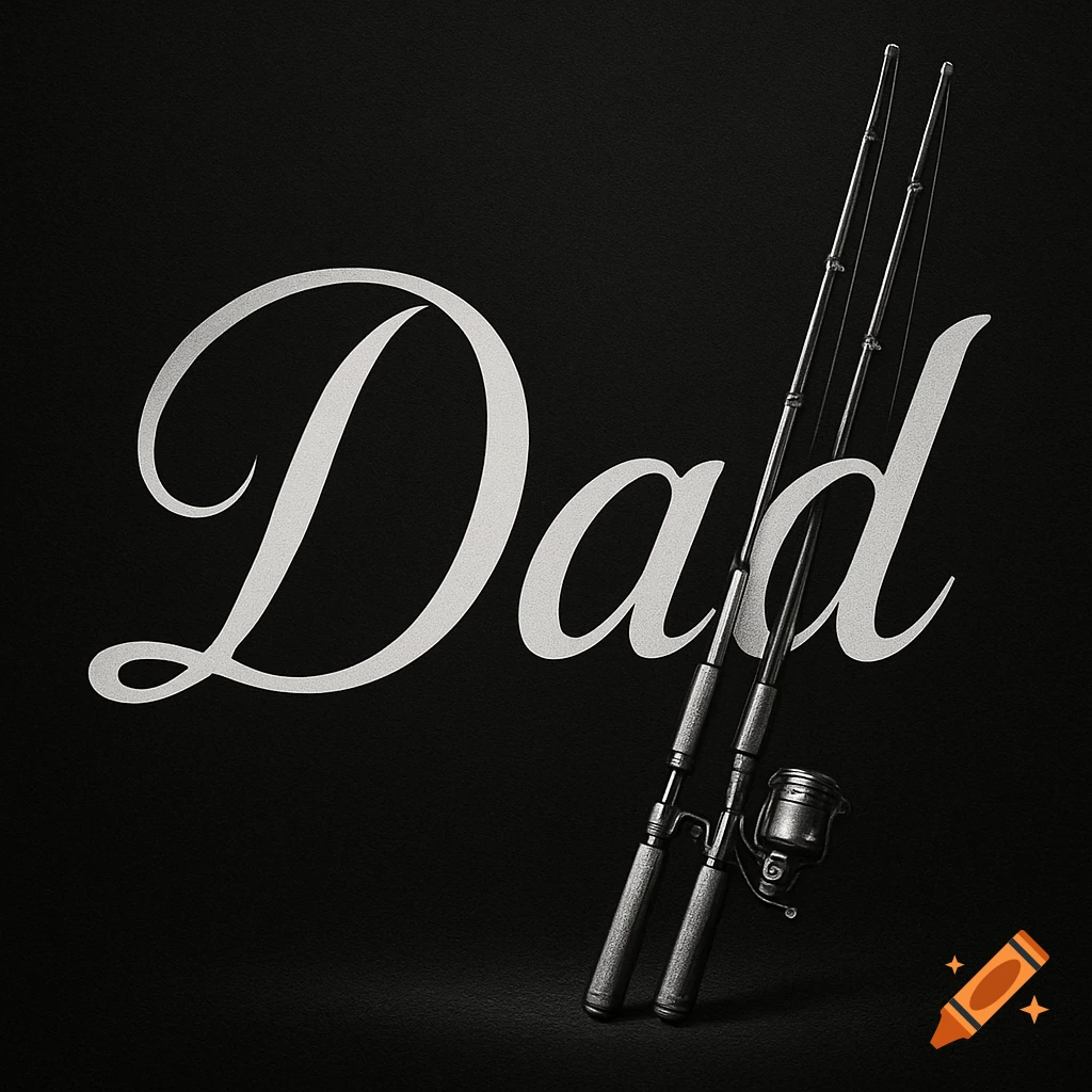 The word "Dad" in an elegant, light-colored script font on a dark background, with two fishing rods leaning against the last letter.
