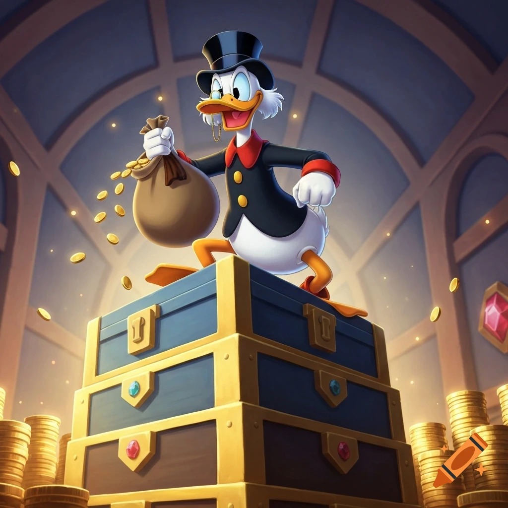 Scrooge McDuck stands triumphantly on a stack of treasure chests, holding a bag of money with gold coins spilling out. Vibrant cartoon style.