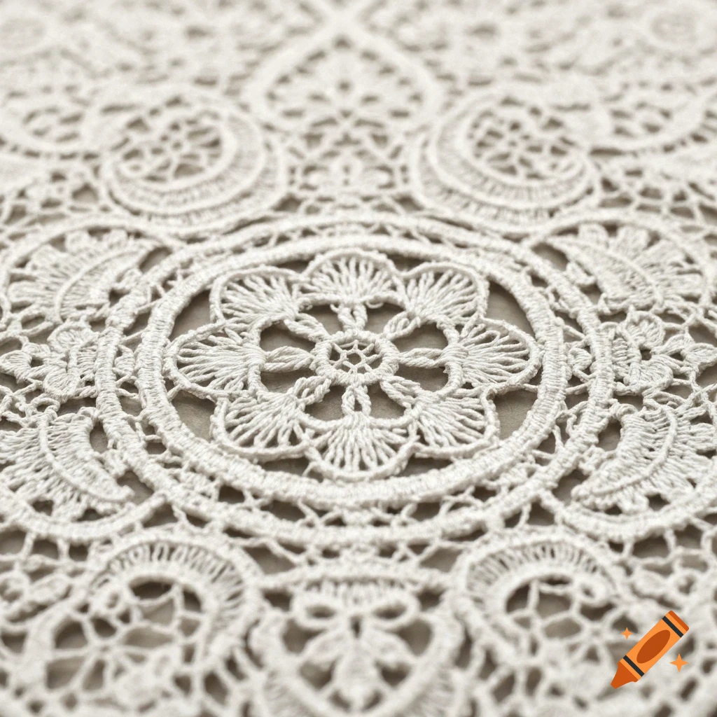 A close-up of intricate white crochet lace with floral and circular patterns, featuring a shallow depth of field.