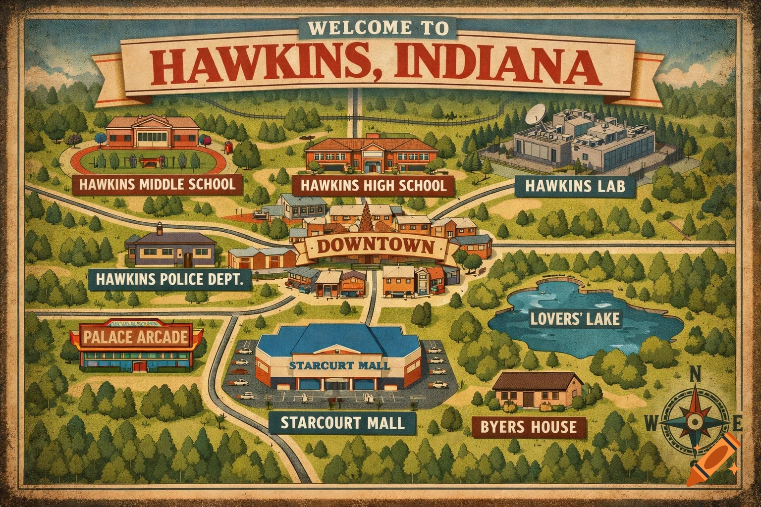 A detailed, retro-style map of Hawkins, Indiana from Stranger Things, showing landmarks like the Starcourt Mall and Hawkins Lab.