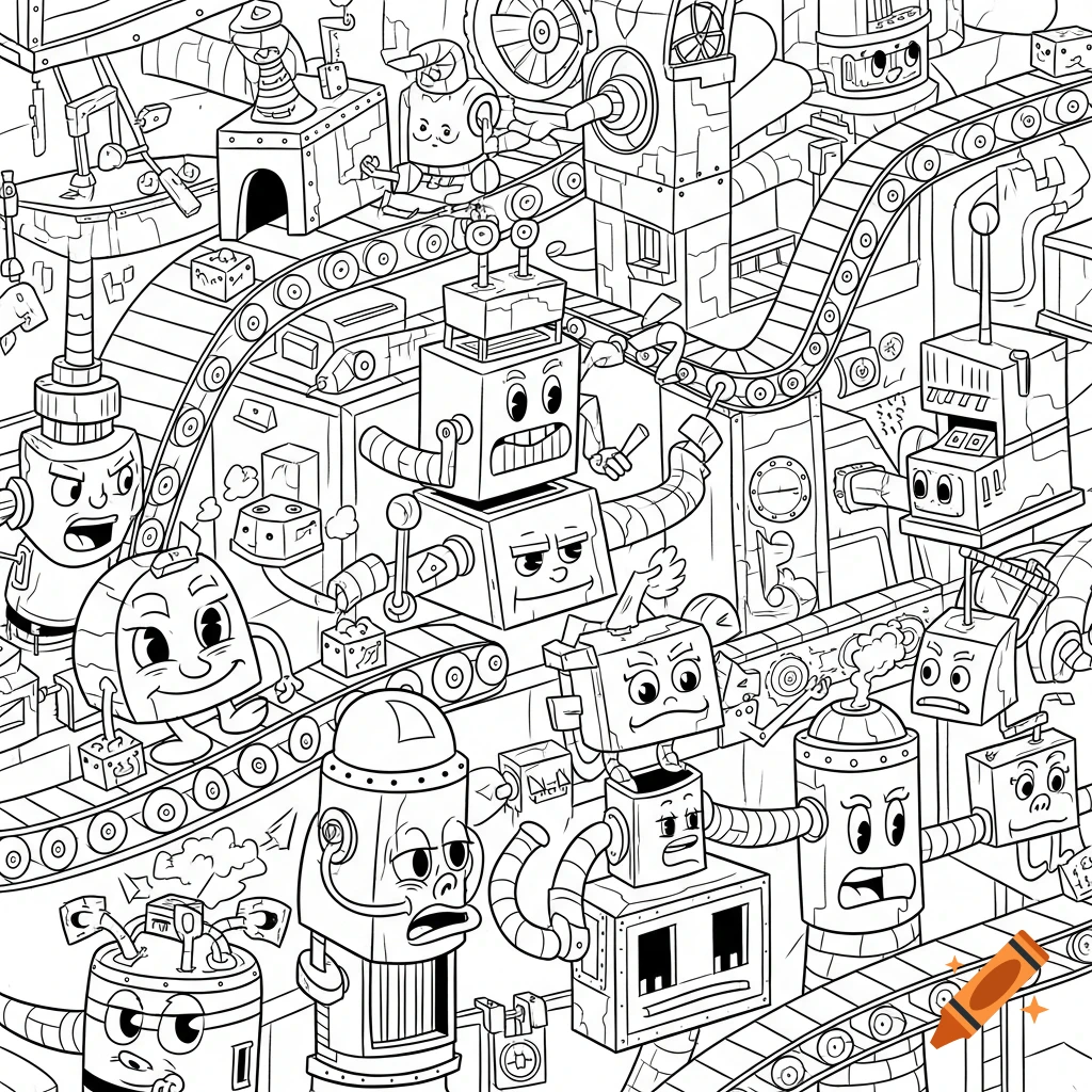Black and white cartoon of an elaborate factory automation system with many expressive robots and conveyor belts.