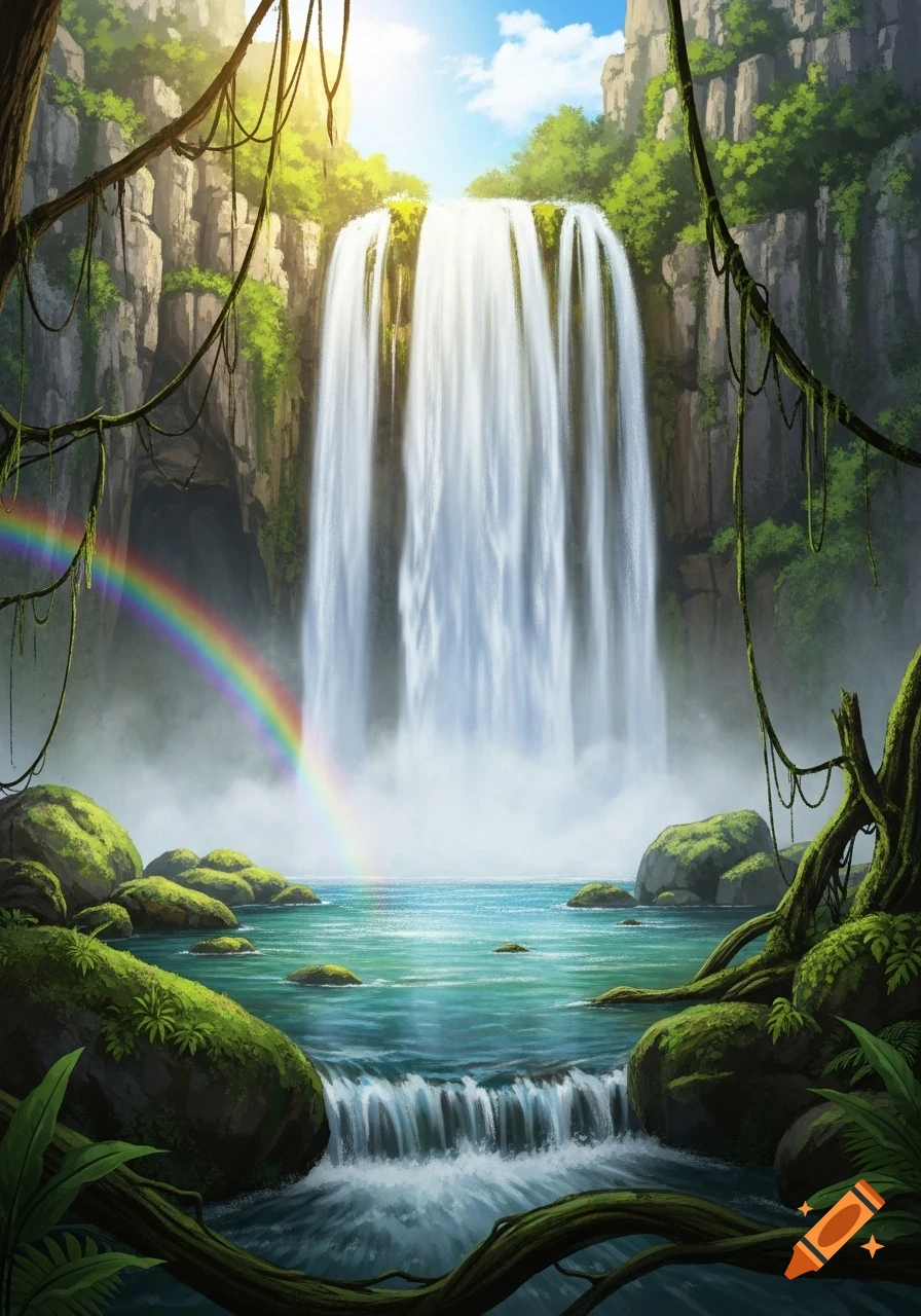 Vibrant illustration of a majestic waterfall cascading into a blue pool, surrounded by lush green jungle cliffs and a rainbow.