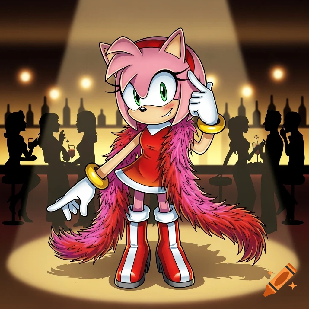 Amy Rose from Sonic the Hedgehog winks while wearing a red dress and feather boa in a spotlight at a bar.