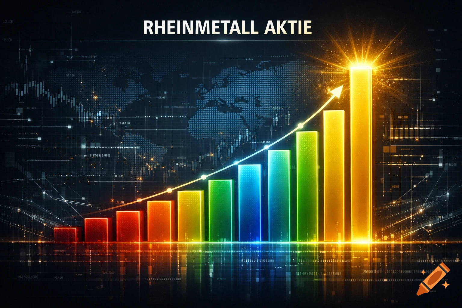 Vibrant rainbow bar chart showing an upward trend, with 'RHEINMETALL AKTIE' text against a digital financial background and world map.