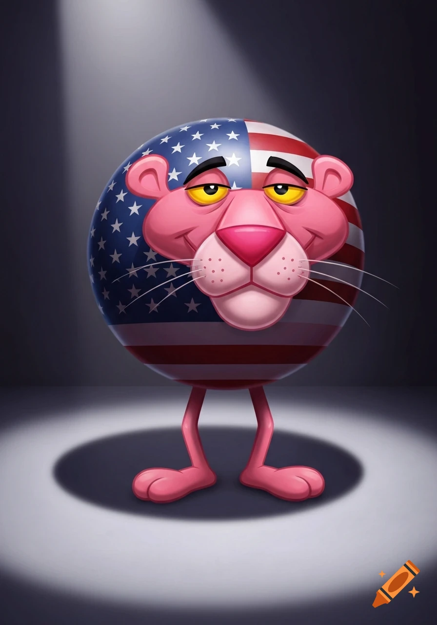 A cartoon Pink Panther face on a USA flag sphere with pink legs, standing in a spotlight.
