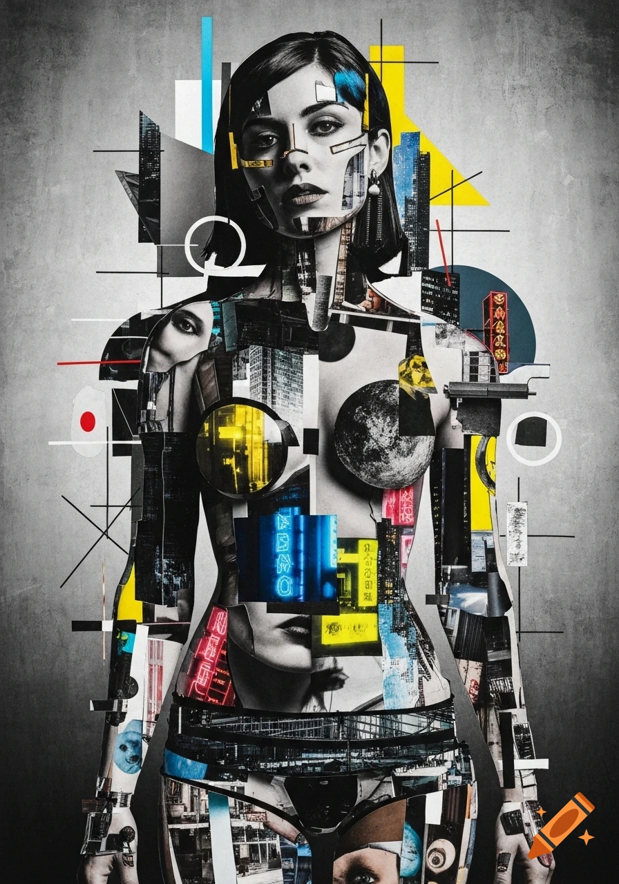 Surrealist photographic collage of a woman made from fragmented cityscapes and abstract shapes against a gray background.