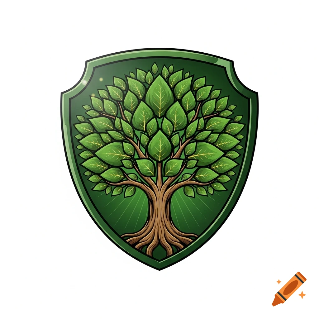 A stylized green shield emblem featuring a tree of life with green leaves and a brown trunk on a radiating green background.