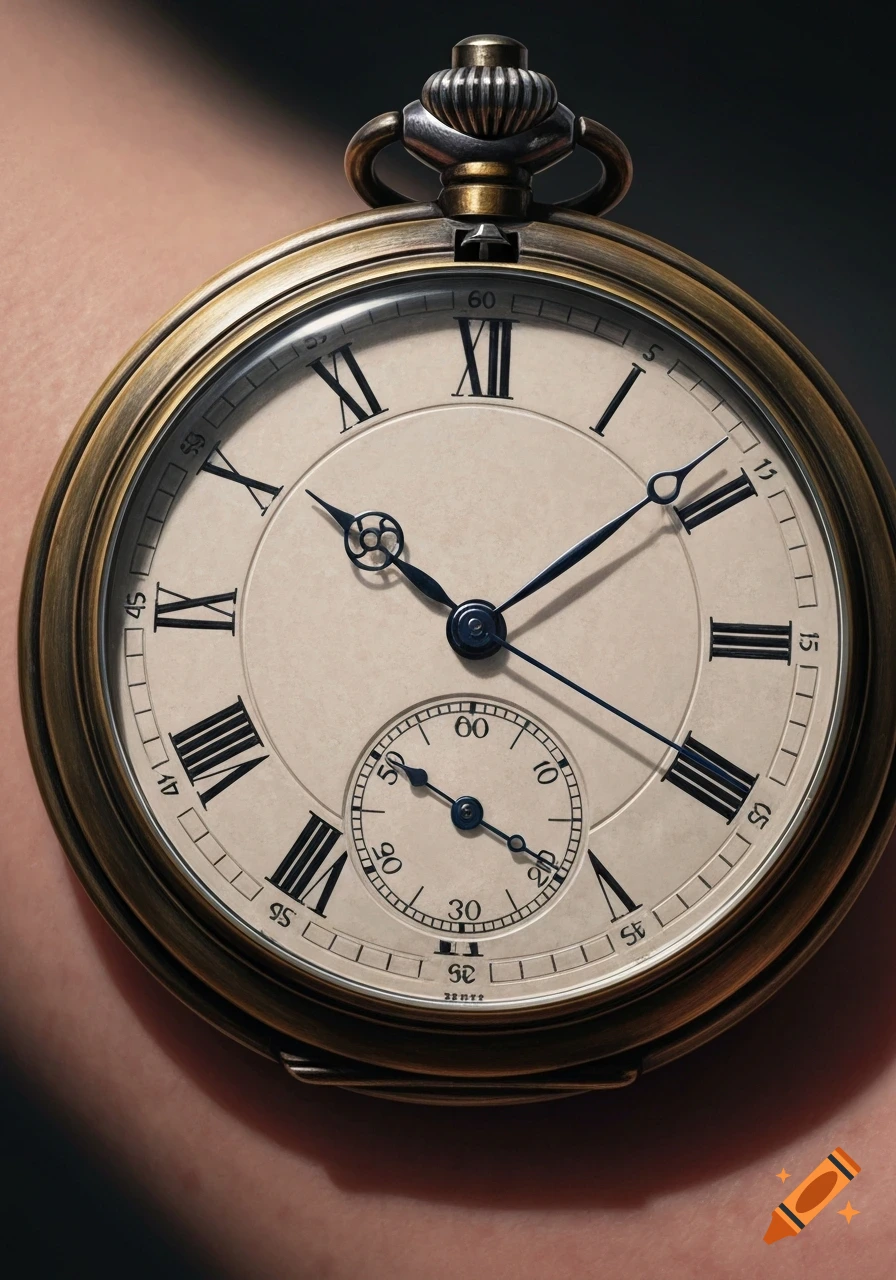 A photorealistic close-up of a vintage brass pocket watch with Roman numerals on a light-colored face and a small seconds sub-dial.