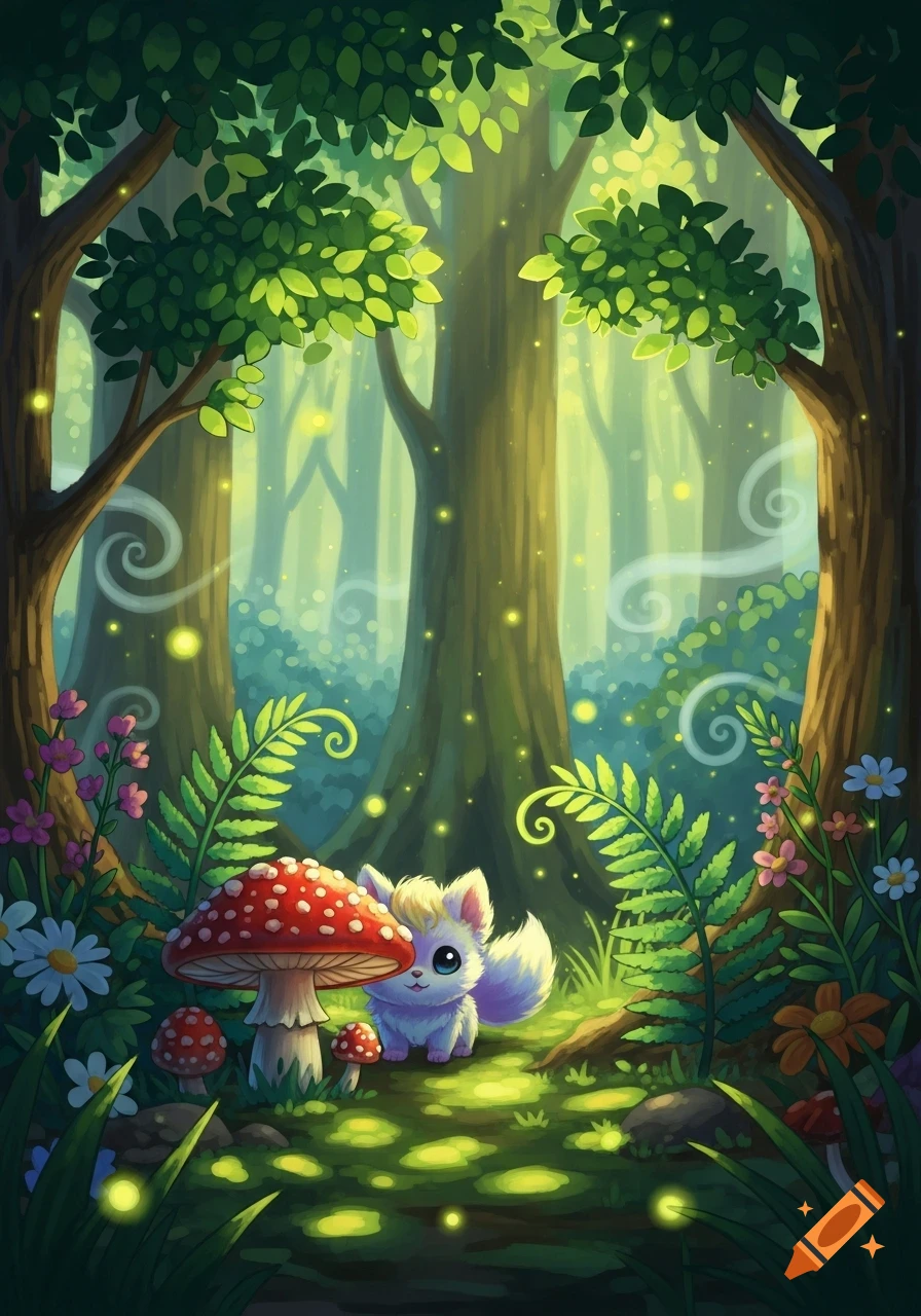 A cute white fluffy creature next to red spotted mushrooms in an enchanted digital forest with glowing fireflies.