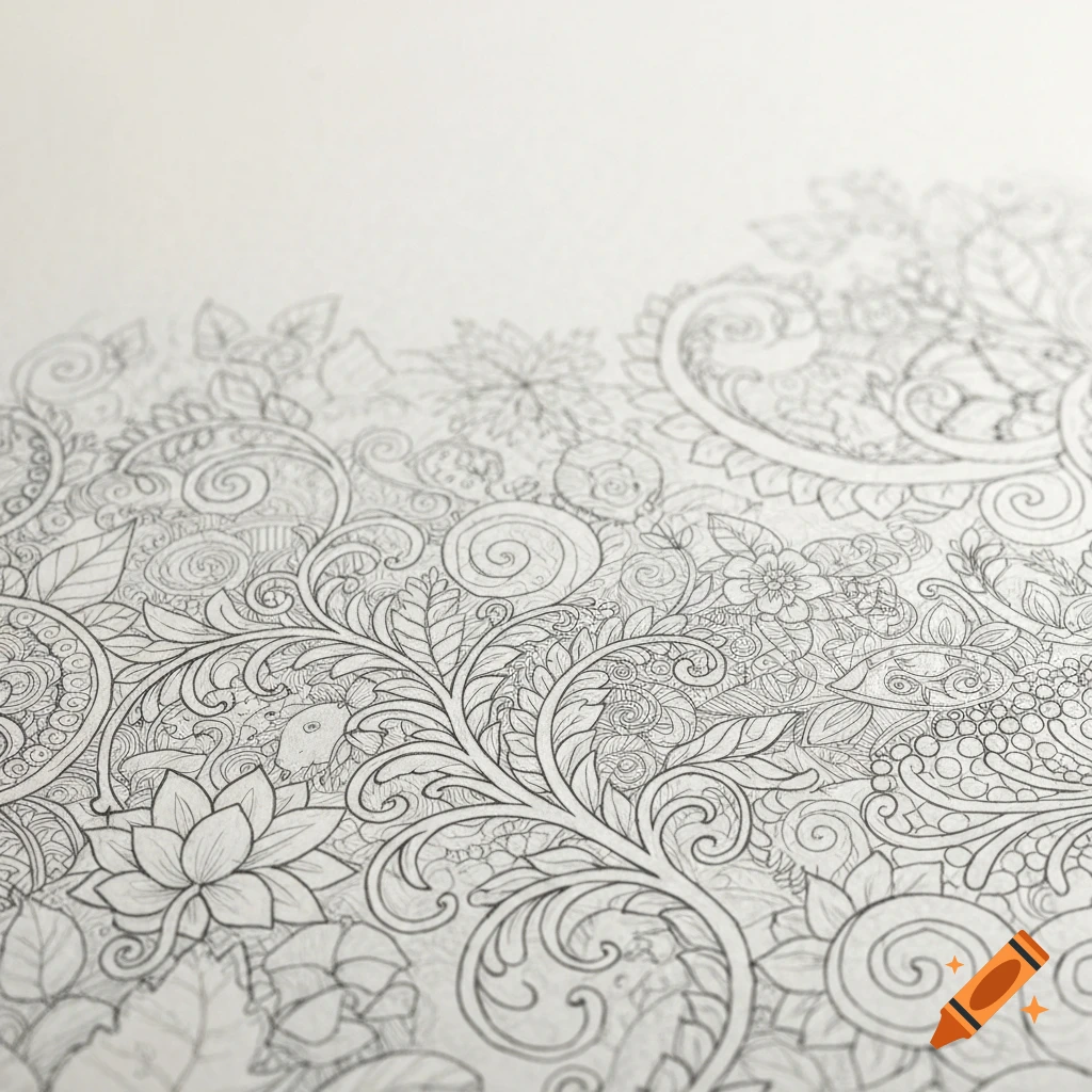 Detailed black and white line art of an adult coloring book page with intricate floral and paisley patterns.