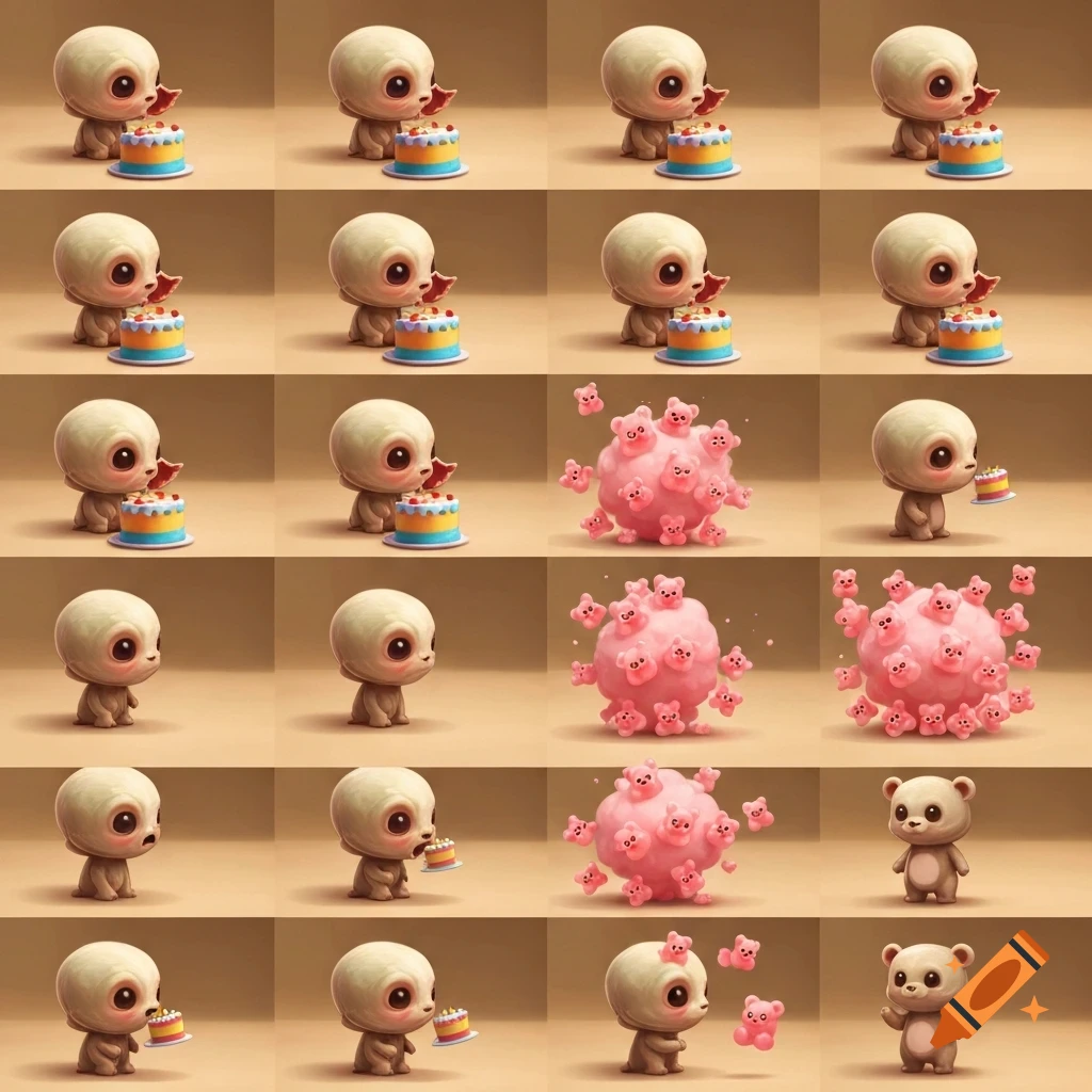 A grid of cute, cartoonish images depicting a creature eating a cake, transforming into a pink explosion of small teddy bears, then a single bear.