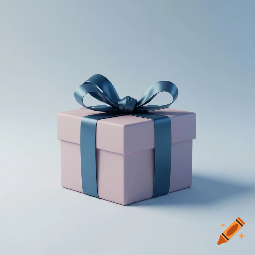 A minimalist pink gift box wrapped with a teal blue ribbon and bow on a light blue background.