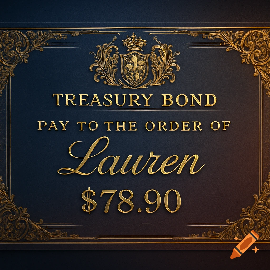 A luxurious gold and navy blue treasury bond document with a royal crest, the name Lauren, and $78.90.